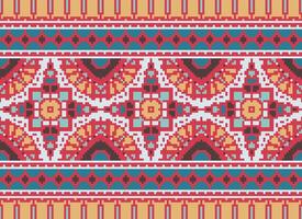 Cross Stitch Embroidery. Ethnic Patterns. Native Style. Traditional Design for texture, textile, fabric, clothing, Knitwear, print. Geometric Pixel Horizontal Seamless Vector. vector