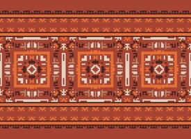 Pixel Cross Stitch Embroidery. Ethnic Patterns. Native Style. Traditional Design for texture, textile, fabric, clothing, Knitwear, print. Geometric Pixel Horizontal Seamless Vector. vector