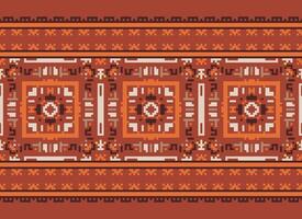 Pixel Cross Stitch Embroidery. Ethnic Patterns. Native Style. Traditional Design for texture, textile, fabric, clothing, Knitwear, print. Geometric Pixel Horizontal Seamless Vector. vector