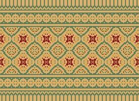 Pixel Cross Stitch Embroidery. Ethnic Patterns. Native Style. Traditional Design for texture, textile, fabric, clothing, Knitwear, print. Geometric Pixel Horizontal Seamless Vector. vector