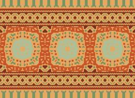 Pixel Cross Stitch Embroidery. Ethnic Patterns. Native Style. Traditional Design for texture, textile, fabric, clothing, Knitwear, print. Geometric Pixel Horizontal Seamless Vector. vector