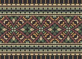 Pixel Cross Stitch Embroidery. Ethnic Patterns. Native Style. Traditional Design for texture, textile, fabric, clothing, Knitwear, print. Geometric Pixel Horizontal Seamless Vector. vector