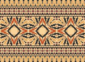 Pixel Cross Stitch Embroidery. Ethnic Patterns. Native Style. Traditional Design for texture, textile, fabric, clothing, Knitwear, print. Geometric Pixel Horizontal Seamless Vector. vector