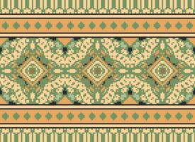 Pixel Cross Stitch Embroidery. Ethnic Patterns. Native Style. Traditional Design for texture, textile, fabric, clothing, Knitwear, print. Geometric Pixel Horizontal Seamless Vector. vector