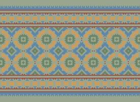 Pixel Cross Stitch Embroidery. Ethnic Patterns. Native Style. Traditional Design for texture, textile, fabric, clothing, Knitwear, print. Geometric Pixel Horizontal Seamless Vector. vector