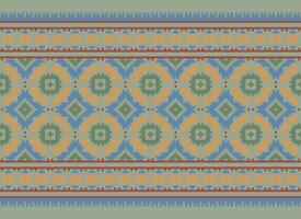 Pixel Cross Stitch Embroidery. Ethnic Patterns. Native Style. Traditional Design for texture, textile, fabric, clothing, Knitwear, print. Geometric Pixel Horizontal Seamless Vector. vector