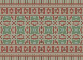 Pixel Cross Stitch Embroidery. Ethnic Patterns. Native Style. Traditional Design for texture, textile, fabric, clothing, Knitwear, print. Geometric Pixel Horizontal Seamless Vector. vector