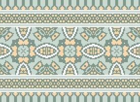 Pixel Cross Stitch Embroidery. Ethnic Patterns. Native Style. Traditional Design for texture, textile, fabric, clothing, Knitwear, print. Geometric Pixel Horizontal Seamless Vector. vector