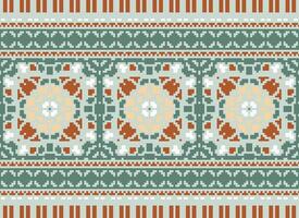 Pixel Cross Stitch Embroidery. Ethnic Patterns. Native Style. Traditional Design for texture, textile, fabric, clothing, Knitwear, print. Geometric Pixel Horizontal Seamless Vector. vector