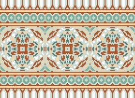 Pixel Cross Stitch Embroidery. Ethnic Patterns. Native Style. Traditional Design for texture, textile, fabric, clothing, Knitwear, print. Geometric Pixel Horizontal Seamless Vector. vector