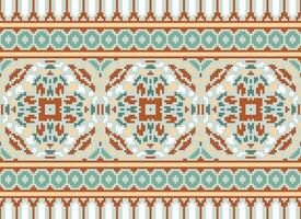 Pixel Cross Stitch Embroidery. Ethnic Patterns. Native Style. Traditional Design for texture, textile, fabric, clothing, Knitwear, print. Geometric Pixel Horizontal Seamless Vector. vector