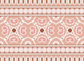 Pixel Cross Stitch Embroidery. Ethnic Patterns. Native Style. Traditional Design for texture, textile, fabric, clothing, Knitwear, print. Geometric Pixel Horizontal Seamless Vector. vector