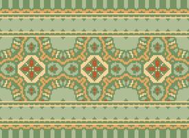 Pixel Cross Stitch Embroidery. Ethnic Patterns. Native Style. Traditional Design for texture, textile, fabric, clothing, Knitwear, print. Geometric Pixel Horizontal Seamless Vector. vector