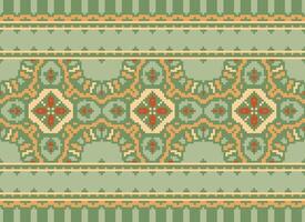 Pixel Cross Stitch Embroidery. Ethnic Patterns. Native Style. Traditional Design for texture, textile, fabric, clothing, Knitwear, print. Geometric Pixel Horizontal Seamless Vector. vector