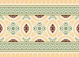 Pixel Cross Stitch Embroidery. Ethnic Patterns. Native Style. Traditional Design for texture, textile, fabric, clothing, Knitwear, print. Geometric Pixel Horizontal Seamless Vector. vector