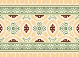 Pixel Cross Stitch Embroidery. Ethnic Patterns. Native Style. Traditional Design for texture, textile, fabric, clothing, Knitwear, print. Geometric Pixel Horizontal Seamless Vector. vector