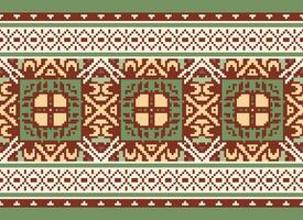 Pixel Cross Stitch Embroidery. Ethnic Patterns. Native Style. Traditional Design for texture, textile, fabric, clothing, Knitwear, print. Geometric Pixel Horizontal Seamless Vector. vector