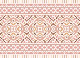 Pixel Cross Stitch Embroidery. Ethnic Patterns. Native Style. Traditional Design for texture, textile, fabric, clothing, Knitwear, print. Geometric Pixel Horizontal Seamless Vector. vector