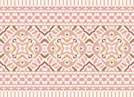 Pixel Cross Stitch Embroidery. Ethnic Patterns. Native Style. Traditional Design for texture, textile, fabric, clothing, Knitwear, print. Geometric Pixel Horizontal Seamless Vector. vector