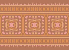 Pixel Cross Stitch Embroidery. Ethnic Patterns. Native Style. Traditional Design for texture, textile, fabric, clothing, Knitwear, print. Geometric Pixel Horizontal Seamless Vector. vector