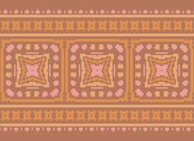 Pixel Cross Stitch Embroidery. Ethnic Patterns. Native Style. Traditional Design for texture, textile, fabric, clothing, Knitwear, print. Geometric Pixel Horizontal Seamless Vector. vector