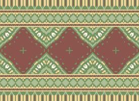 Pixel Cross Stitch Embroidery. Ethnic Patterns. Native Style. Traditional Design for texture, textile, fabric, clothing, Knitwear, print. Geometric Pixel Horizontal Seamless Vector. vector