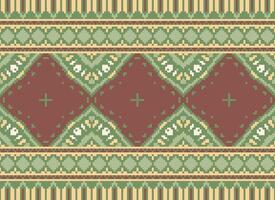 Pixel Cross Stitch Embroidery. Ethnic Patterns. Native Style. Traditional Design for texture, textile, fabric, clothing, Knitwear, print. Geometric Pixel Horizontal Seamless Vector. vector