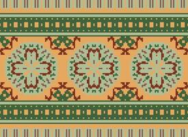 Pixel Cross Stitch Embroidery. Ethnic Patterns. Native Style. Traditional Design for texture, textile, fabric, clothing, Knitwear, print. Geometric Pixel Horizontal Seamless Vector. vector