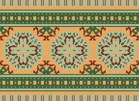 Pixel Cross Stitch Embroidery. Ethnic Patterns. Native Style. Traditional Design for texture, textile, fabric, clothing, Knitwear, print. Geometric Pixel Horizontal Seamless Vector. vector