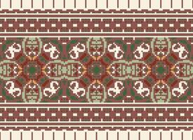 Pixel Cross Stitch Embroidery. Ethnic Patterns. Native Style. Traditional Design for texture, textile, fabric, clothing, Knitwear, print. Geometric Pixel Horizontal Seamless Vector. vector