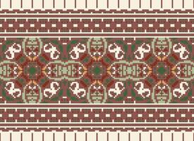 Pixel Cross Stitch Embroidery. Ethnic Patterns. Native Style. Traditional Design for texture, textile, fabric, clothing, Knitwear, print. Geometric Pixel Horizontal Seamless Vector. vector