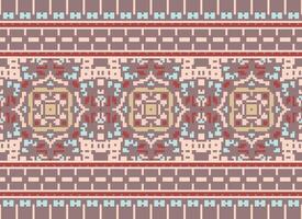 Pixel Cross Stitch Embroidery. Ethnic Patterns. Native Style. Traditional Design for texture, textile, fabric, clothing, Knitwear, print. Geometric Pixel Horizontal Seamless Vector. vector