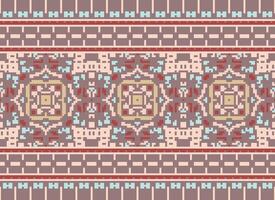 Pixel Cross Stitch Embroidery. Ethnic Patterns. Native Style. Traditional Design for texture, textile, fabric, clothing, Knitwear, print. Geometric Pixel Horizontal Seamless Vector. vector