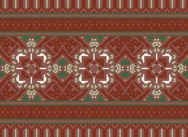 Pixel Cross Stitch Embroidery. Ethnic Patterns. Native Style. Traditional Design for texture, textile, fabric, clothing, Knitwear, print. Geometric Pixel Horizontal Seamless Vector. vector