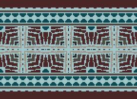 Pixel Cross Stitch Embroidery. Ethnic Patterns. Native Style. Traditional Design for texture, textile, fabric, clothing, Knitwear, print. Geometric Pixel Horizontal Seamless Vector. vector