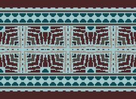 Pixel Cross Stitch Embroidery. Ethnic Patterns. Native Style. Traditional Design for texture, textile, fabric, clothing, Knitwear, print. Geometric Pixel Horizontal Seamless Vector. vector