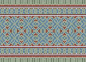 Pixel Cross Stitch Embroidery. Ethnic Patterns. Native Style. Traditional Design for texture, textile, fabric, clothing, Knitwear, print. Geometric Pixel Horizontal Seamless Vector. vector