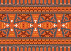 Pixel Cross Stitch Embroidery. Ethnic Patterns. Native Style. Traditional Design for texture, textile, fabric, clothing, Knitwear, print. Geometric Pixel Horizontal Seamless Vector. vector