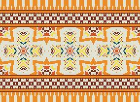 Pixel Cross Stitch Embroidery. Ethnic Patterns. Native Style. Traditional Design for texture, textile, fabric, clothing, Knitwear, print. Geometric Pixel Horizontal Seamless Vector. vector