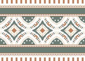 Pixel Cross Stitch Embroidery. Ethnic Patterns. Native Style. Traditional Design for texture, textile, fabric, clothing, Knitwear, print. Geometric Pixel Horizontal Seamless Vector. vector