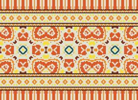 Pixel Cross Stitch Embroidery. Ethnic Patterns. Native Style. Traditional Design for texture, textile, fabric, clothing, Knitwear, print. Geometric Pixel Horizontal Seamless Vector. vector