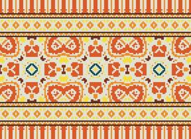 Pixel Cross Stitch Embroidery. Ethnic Patterns. Native Style. Traditional Design for texture, textile, fabric, clothing, Knitwear, print. Geometric Pixel Horizontal Seamless Vector. vector