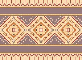 Pixel Cross Stitch Embroidery. Ethnic Patterns. Native Style. Traditional Design for texture, textile, fabric, clothing, Knitwear, print. Geometric Pixel Horizontal Seamless Vector. vector