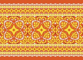 Pixel Cross Stitch Embroidery. Ethnic Patterns. Native Style. Traditional Design for texture, textile, fabric, clothing, Knitwear, print. Geometric Pixel Horizontal Seamless Vector. vector