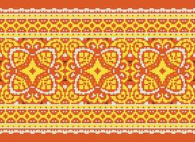 Pixel Cross Stitch Embroidery. Ethnic Patterns. Native Style. Traditional Design for texture, textile, fabric, clothing, Knitwear, print. Geometric Pixel Horizontal Seamless Vector. vector