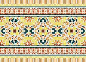 Pixel Cross Stitch Embroidery. Ethnic Patterns. Native Style. Traditional Design for texture, textile, fabric, clothing, Knitwear, print. Geometric Pixel Horizontal Seamless Vector. vector