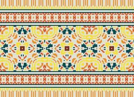 Pixel Cross Stitch Embroidery. Ethnic Patterns. Native Style. Traditional Design for texture, textile, fabric, clothing, Knitwear, print. Geometric Pixel Horizontal Seamless Vector. vector