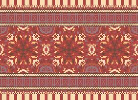 Pixel Cross Stitch Embroidery. Ethnic Patterns. Native Style. Traditional Design for texture, textile, fabric, clothing, Knitwear, print. Geometric Pixel Horizontal Seamless Vector. vector