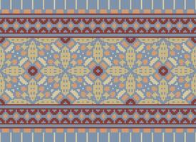Pixel Vintages Cross Stitch Traditional Ethnic Pattern Paisley Flower Ikat Background Abstract Aztec African Indonesian Indian Seamless Pattern for Fabric Print Cloth Dress Carpet Curtains and Sarong vector