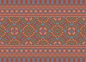 Pixel Vintages Cross Stitch Traditional Ethnic Pattern Paisley Flower Ikat Background Abstract Aztec African Indonesian Indian Seamless Pattern for Fabric Print Cloth Dress Carpet Curtains and Sarong vector